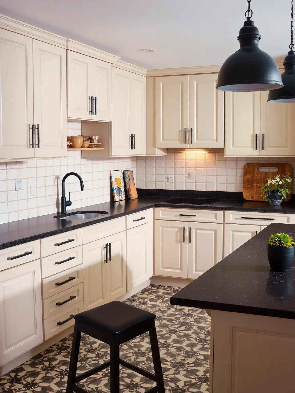 Bold Contrast Beige Cabinets with Black Accents