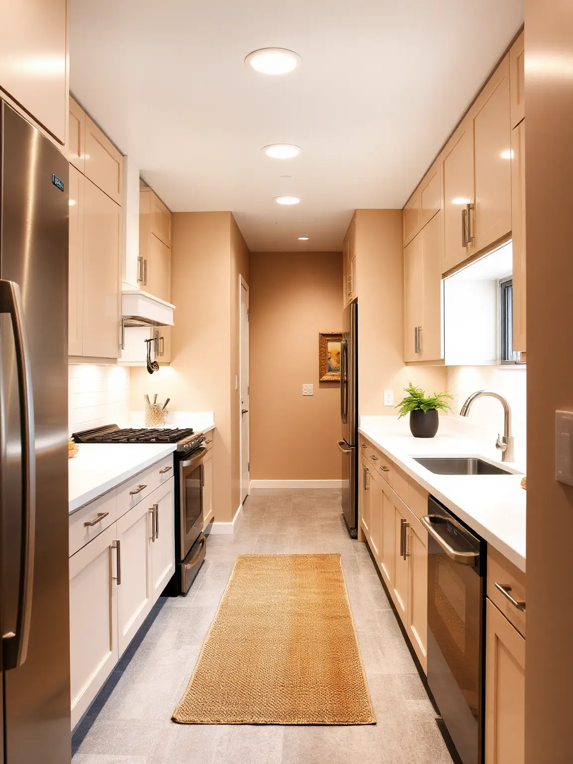 Compact Efficiency Beige Cabinets in a Galley Kitchen