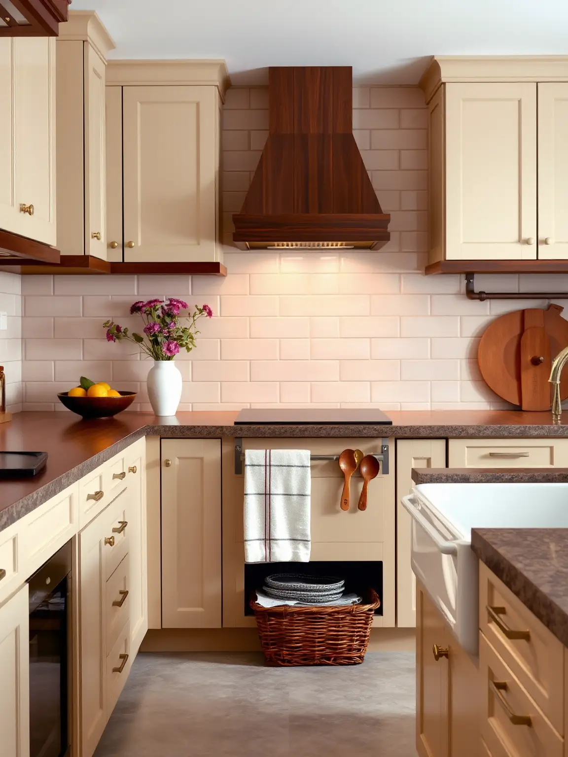 Earthy Warmth Beige Cabinets with Dark Wood Countertops