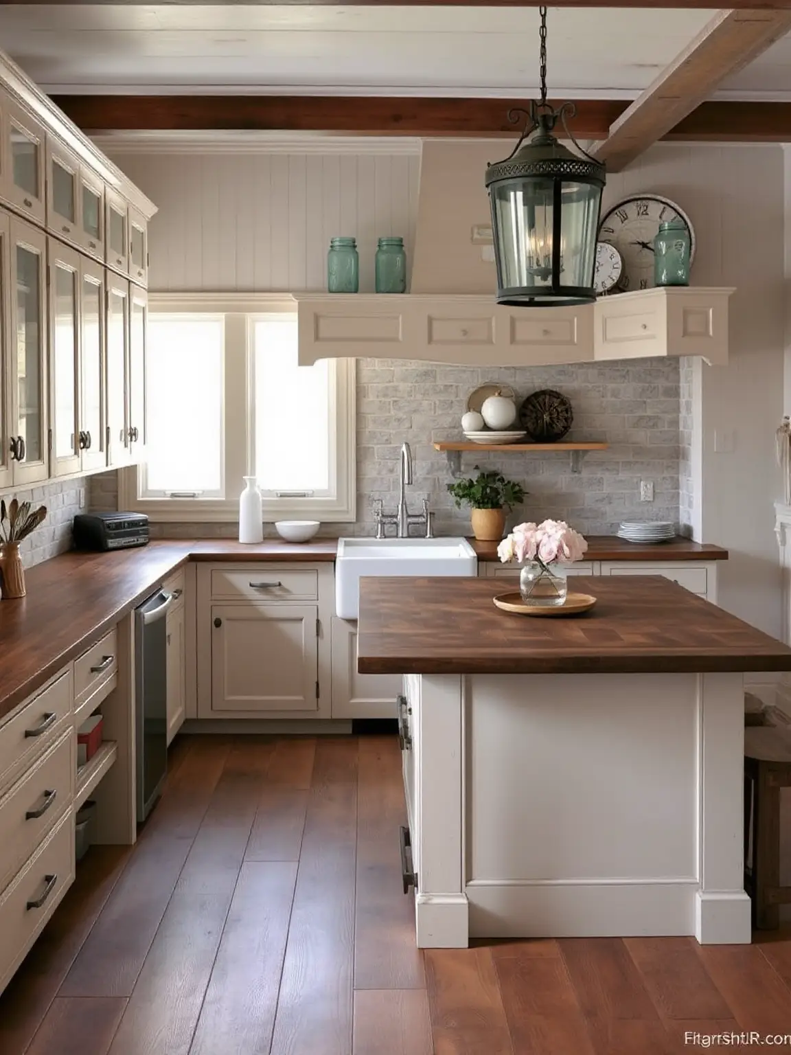 Farmhouse Appeal Distressed Beige Cabinetry