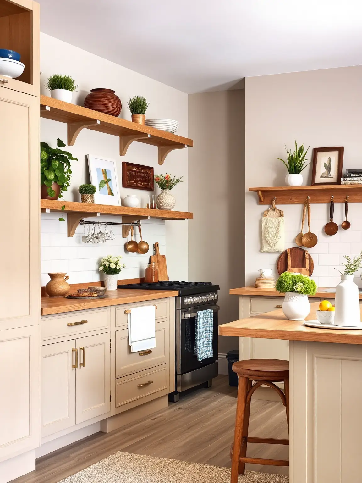 Rustic Charm Beige Cabinets with Open Shelving