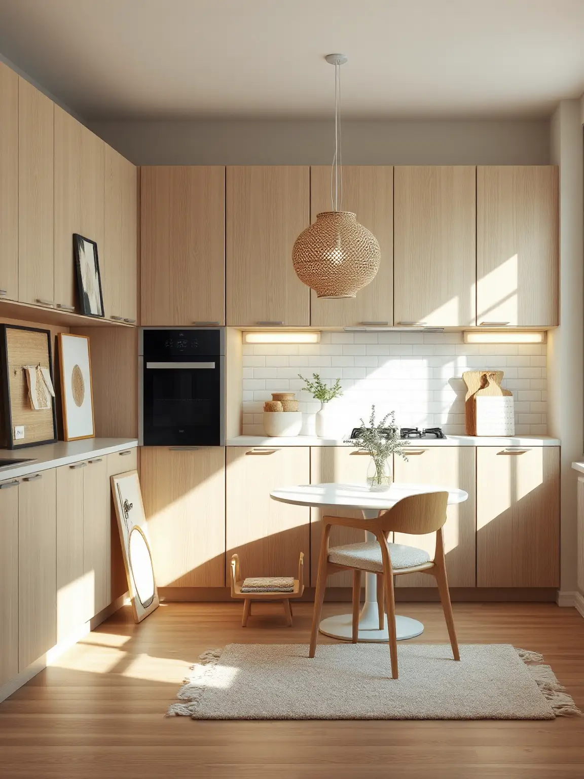 Scandinavian Simplicity Beige Cabinets with Light Wood Accents