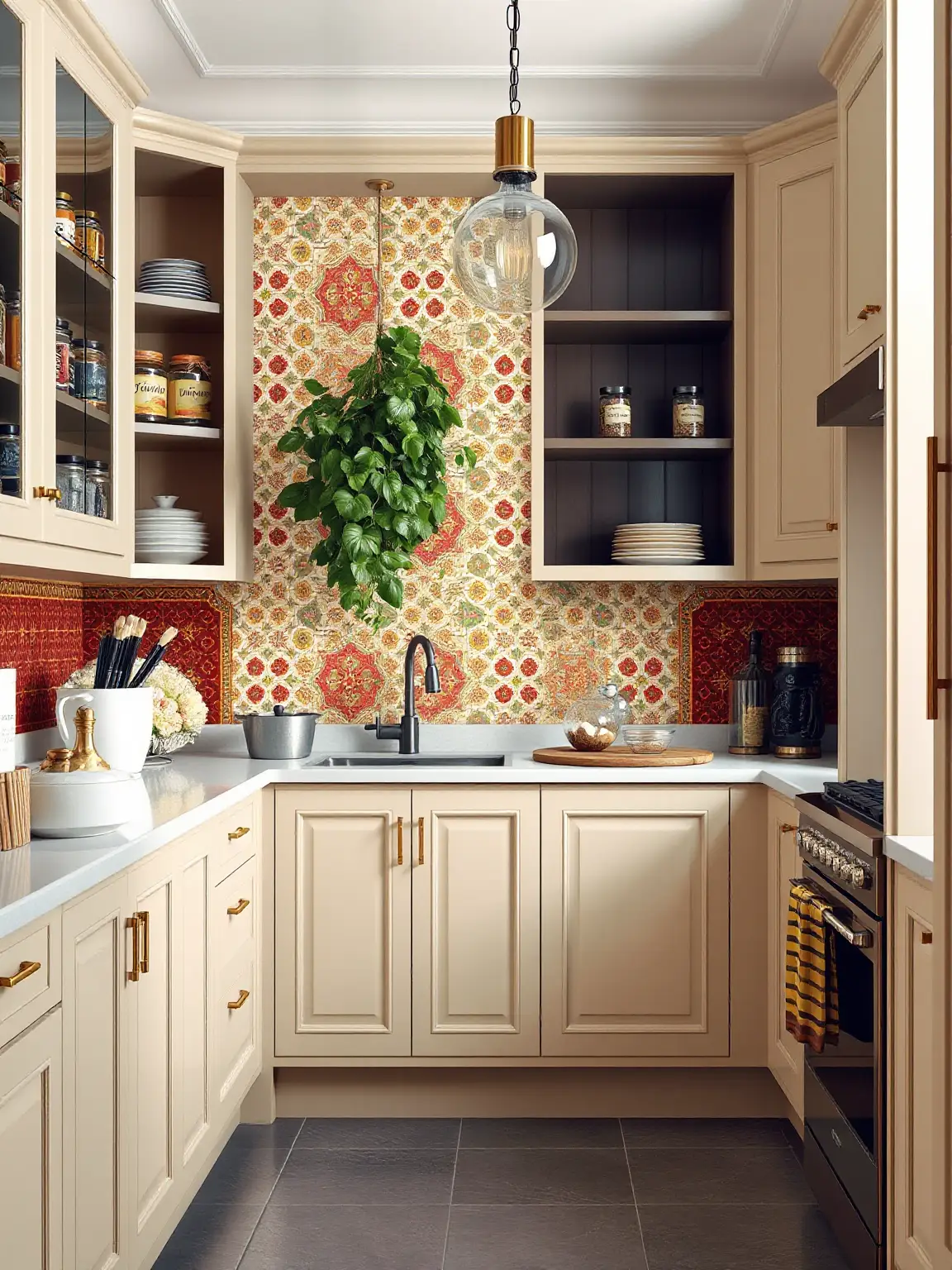 Vibrant Personality Beige Cabinets with Patterned Tile Backsplash