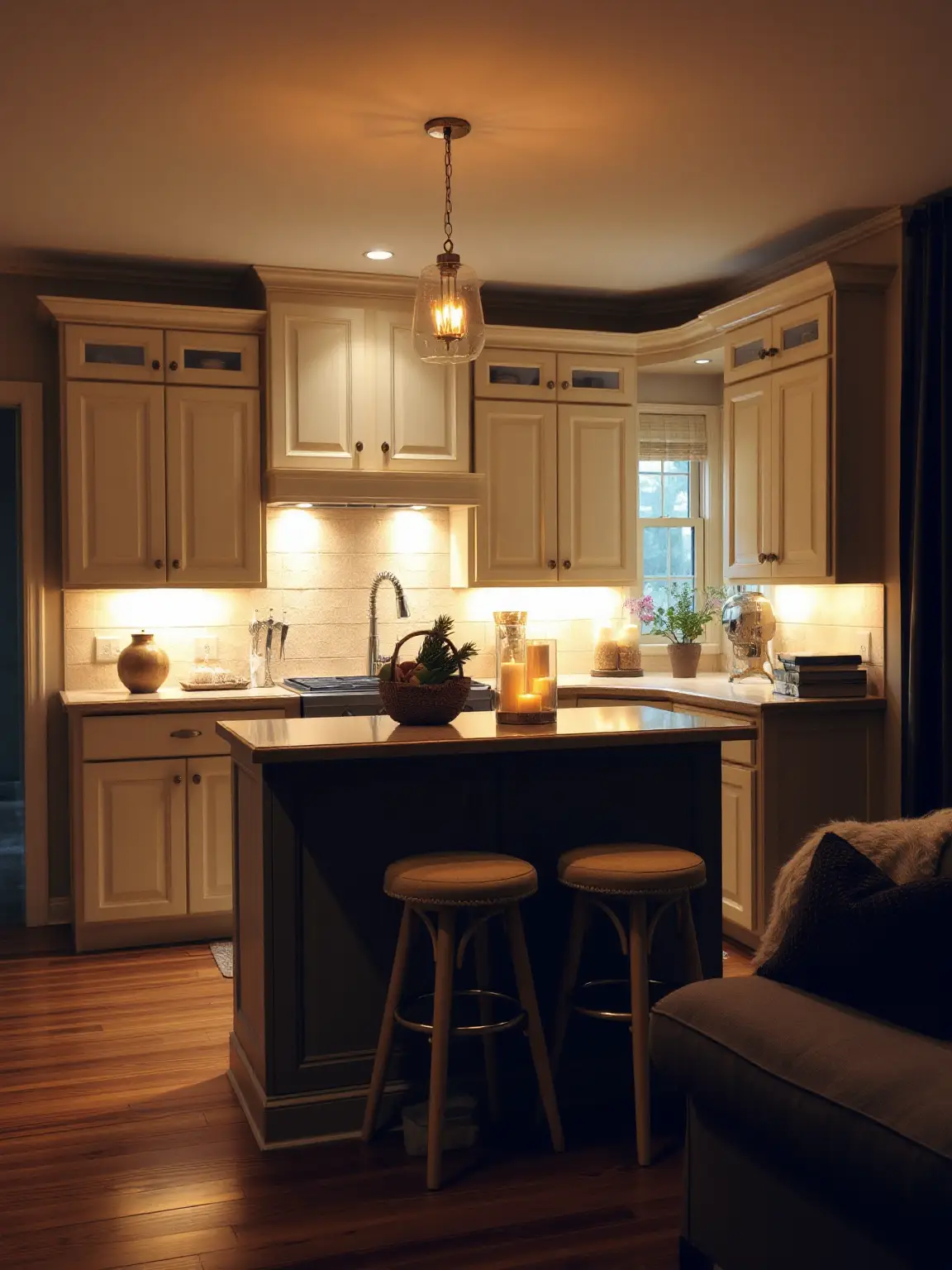 Warm Ambiance Beige Cabinets with Soft Lighting