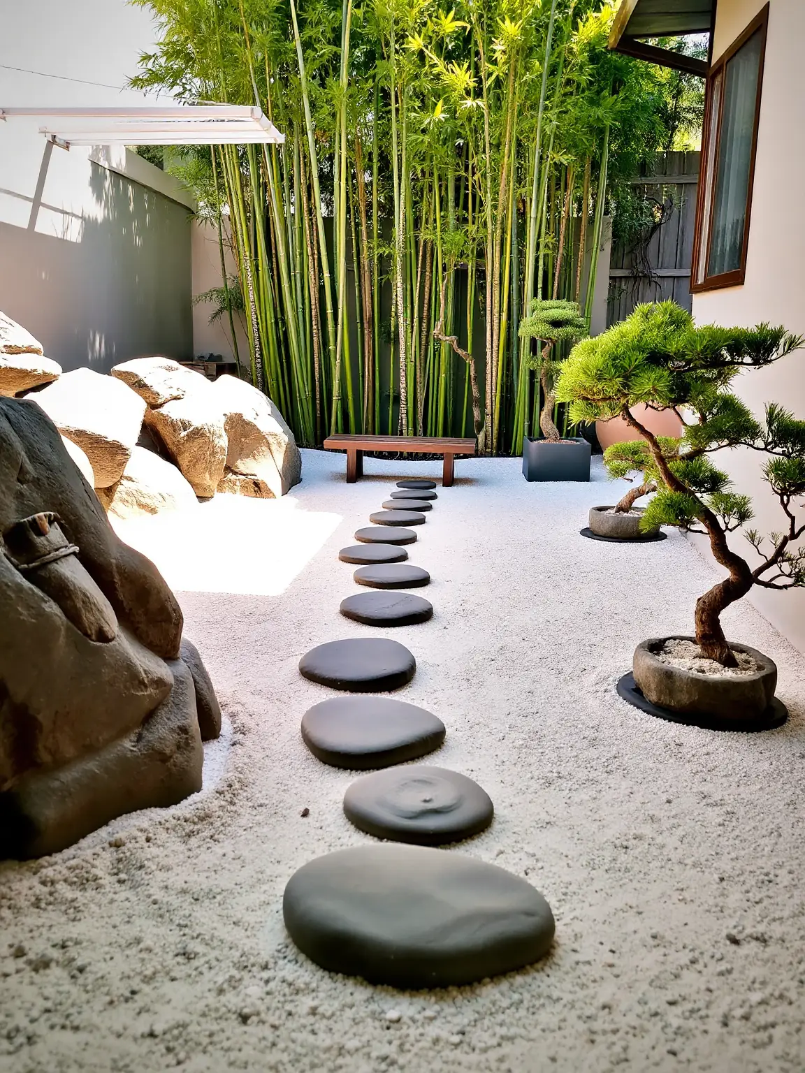 Tranquil Zen Garden with River Rock and Bonsai Features