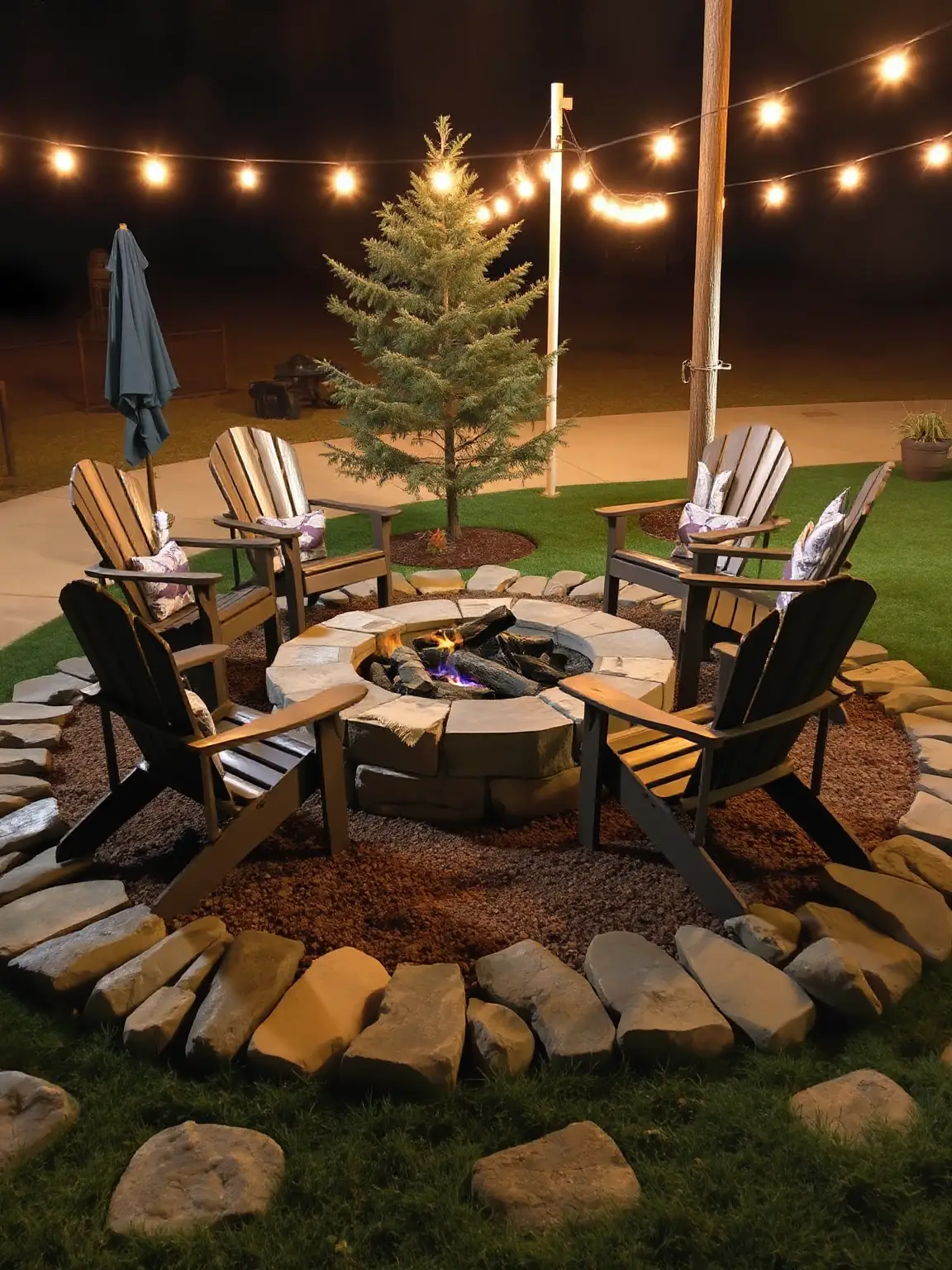 Cozy Fire Pit Area with River Rock Accents