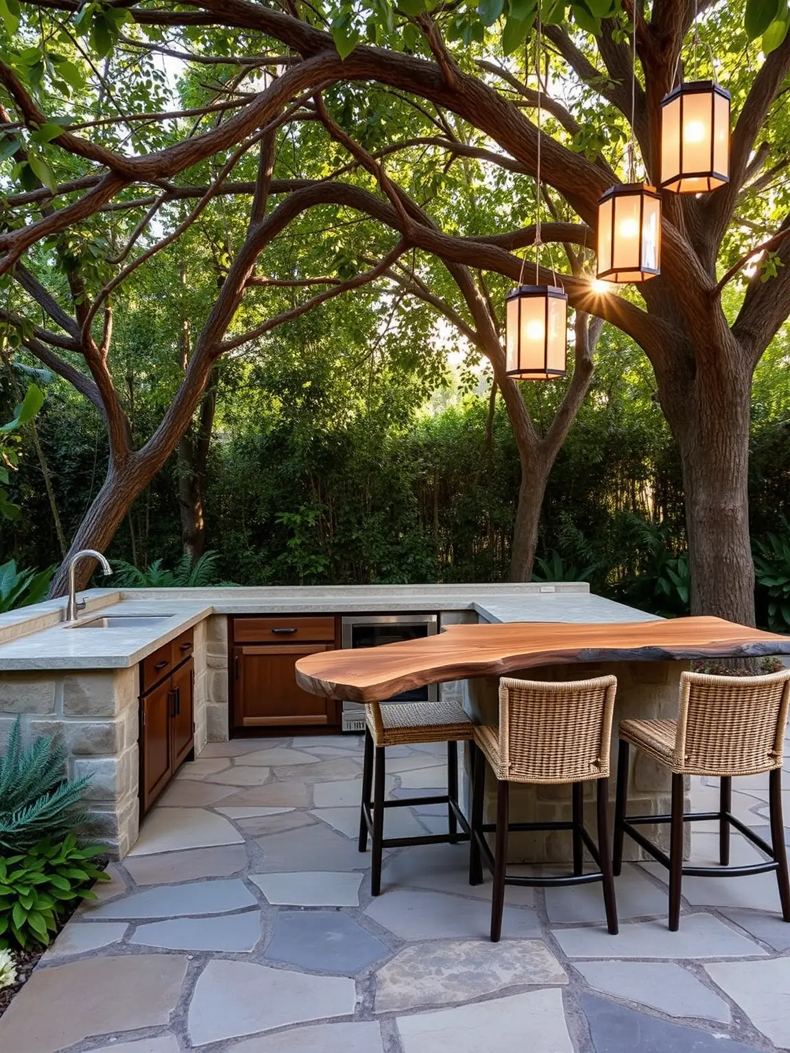 Cozy Oasis Natural Stone and Wooden Outdoor Kitchens