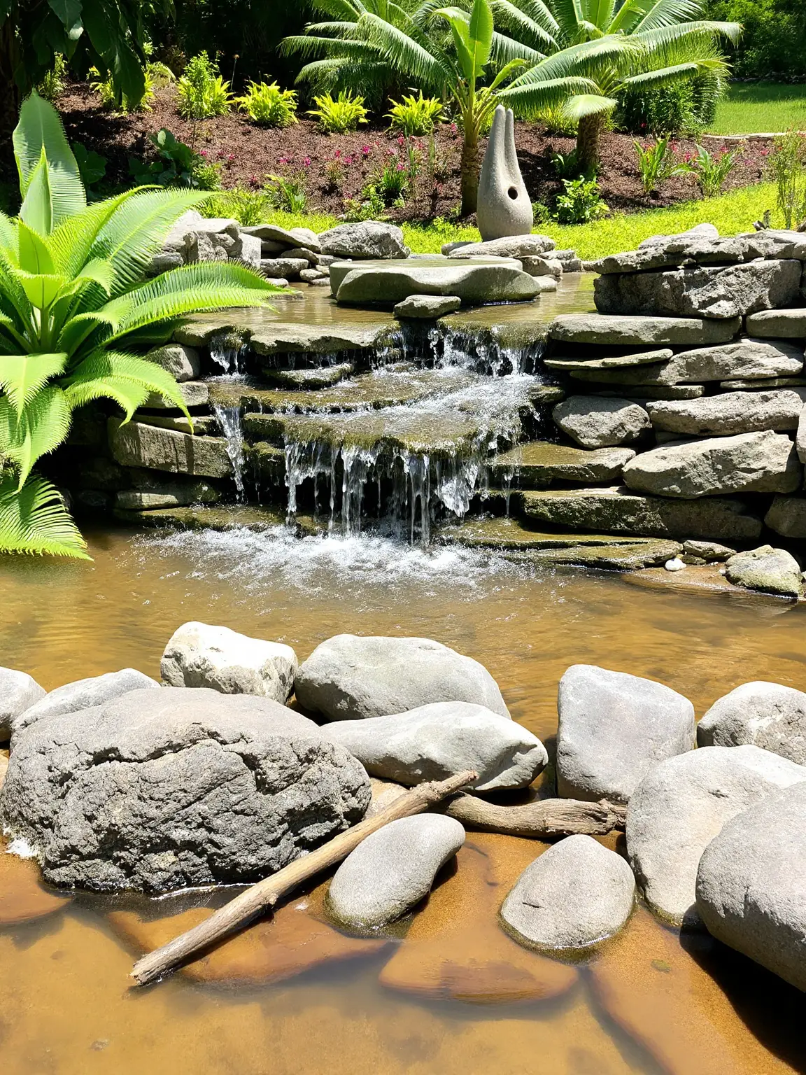 Serene Waterfall with River Rock Base