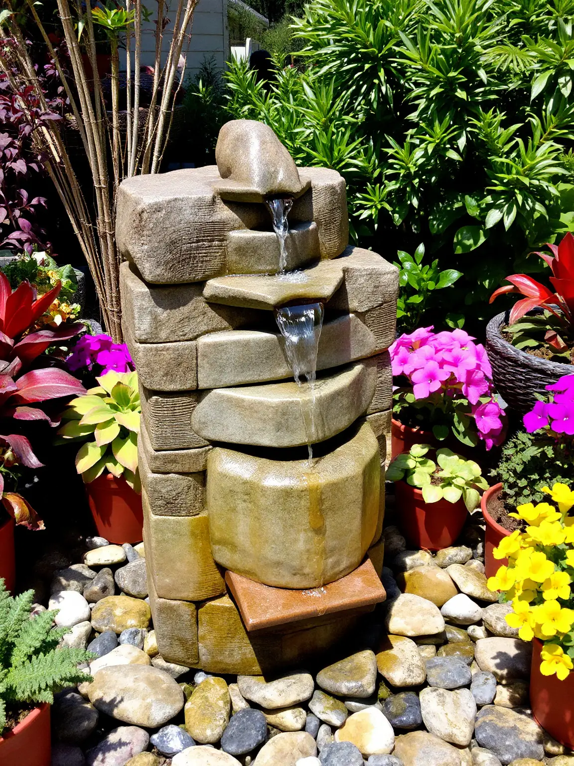 Elegant River Rock Fountain as a Focal Point