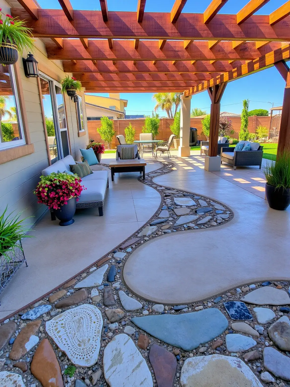 Artistic Mosaic Patio with Embedded River Rocks