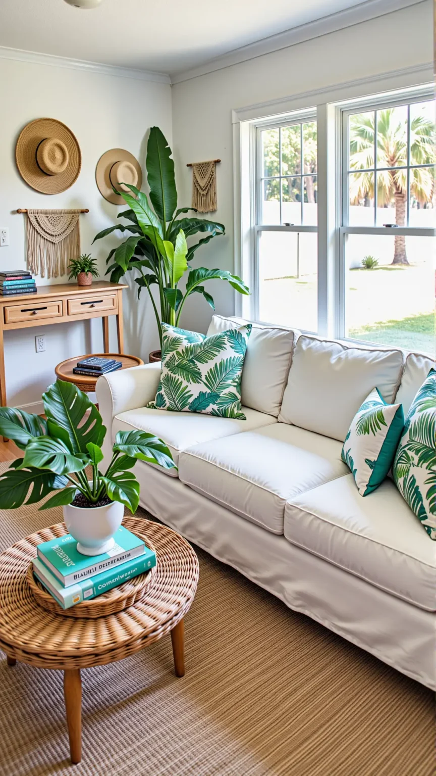 Add Tropical Vibes with Lush Greenery in Your Boho Coastal Living Room