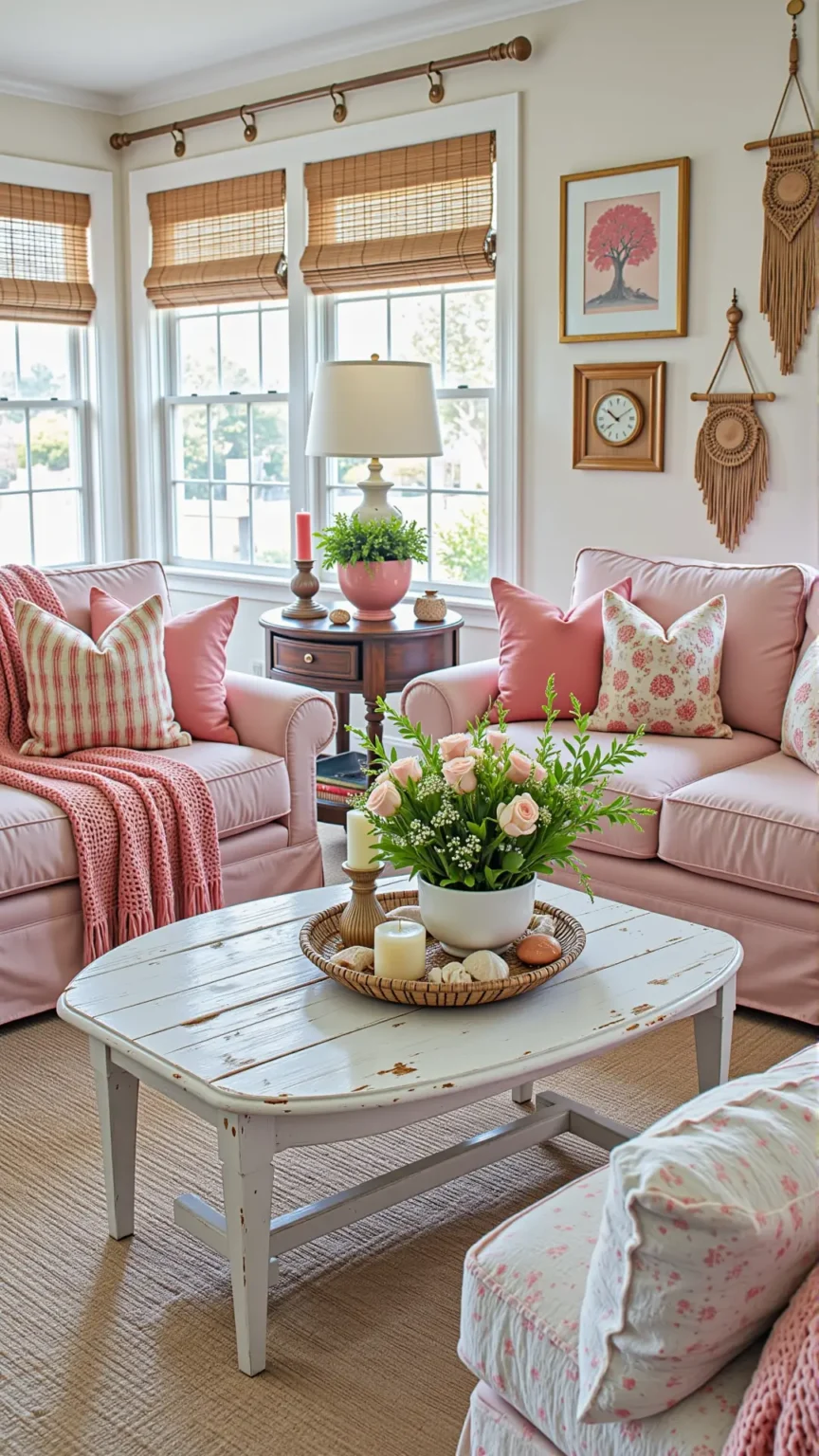 Embrace Feminine Tones with Pink and Coral Accents in Your Boho Coastal Living Room