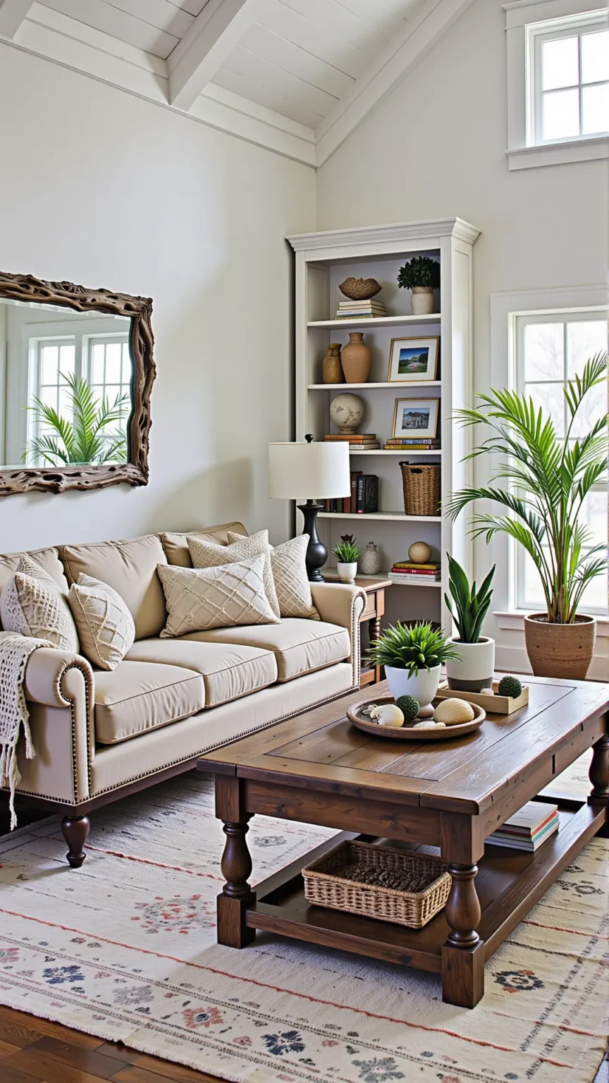 Introduce Rustic Charm with Weathered Wood Accents in Your Boho Coastal Living Room