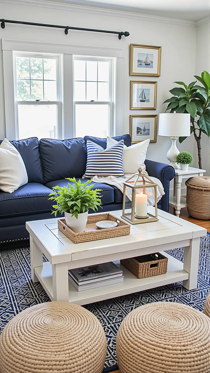 Elevate Your Boho Coastal Living Room with Navy and White Nautical Hints