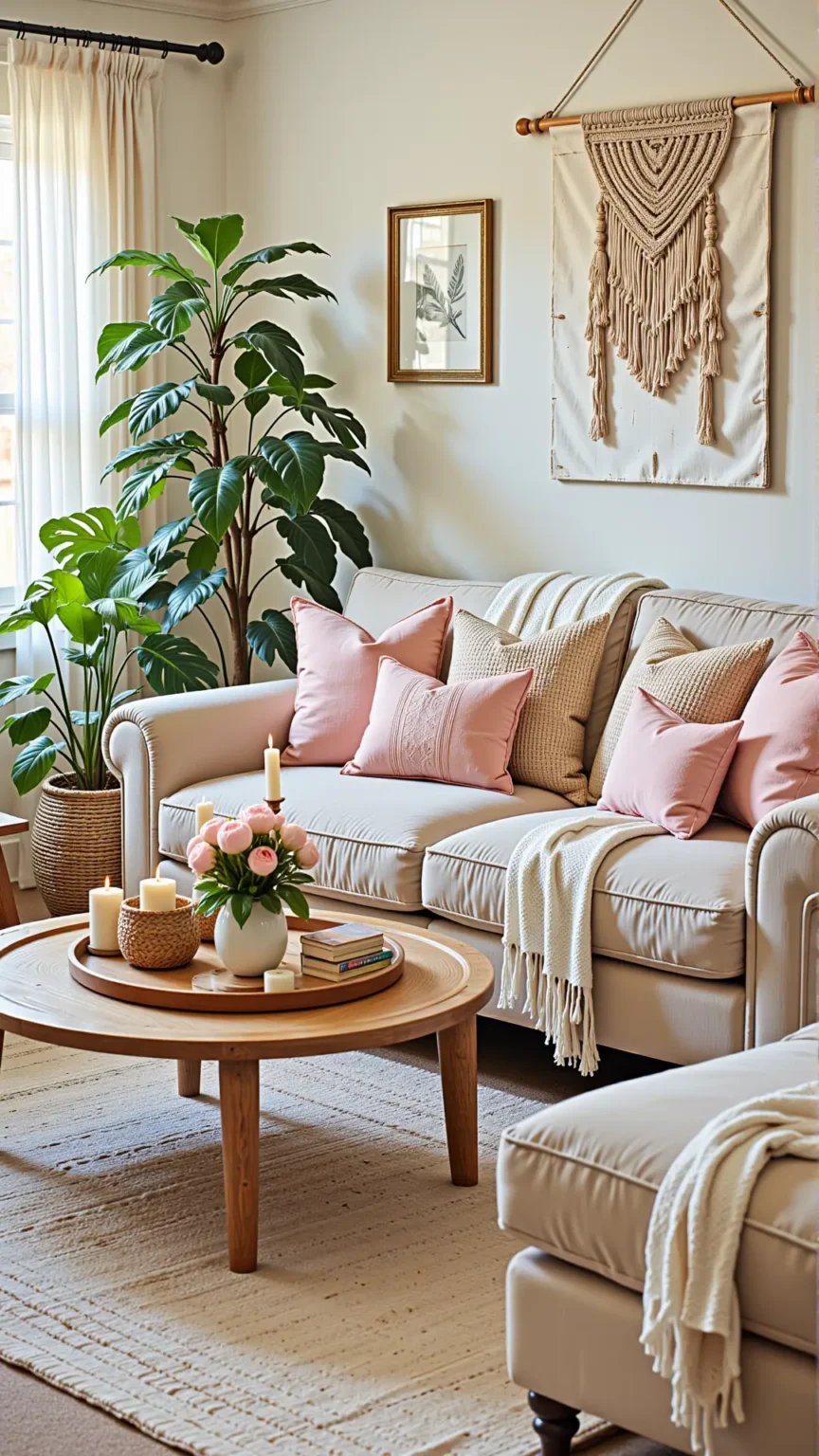 Farmhouse Boho Living Room with a Feminine Cozy Sofa Nook