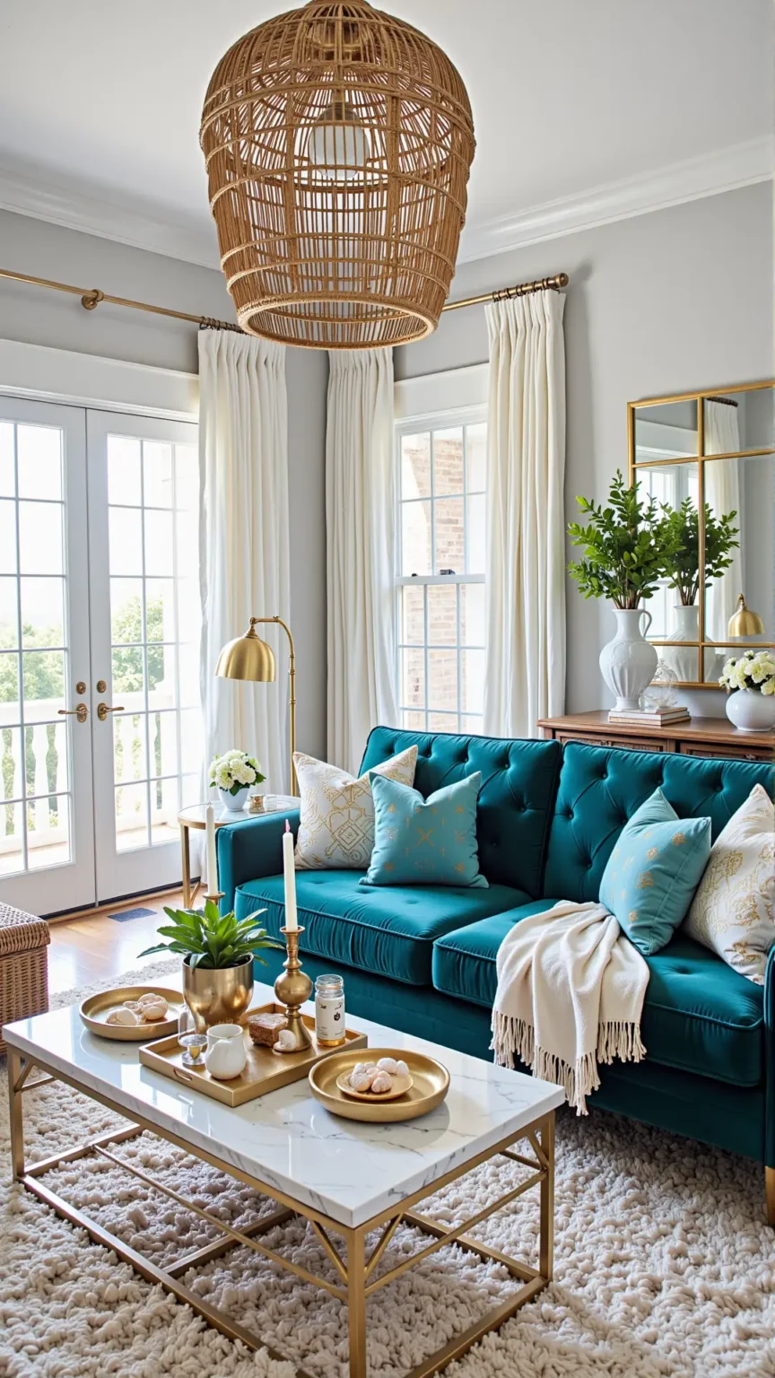 Add Luxe Details with Velvet and Metallic Finishes in Your Boho Coastal Living Room