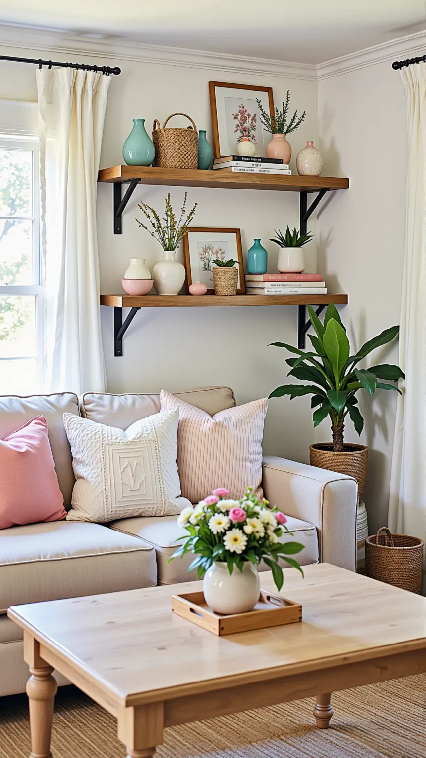 Farmhouse Boho Living Room with Feminine Shelving Decor