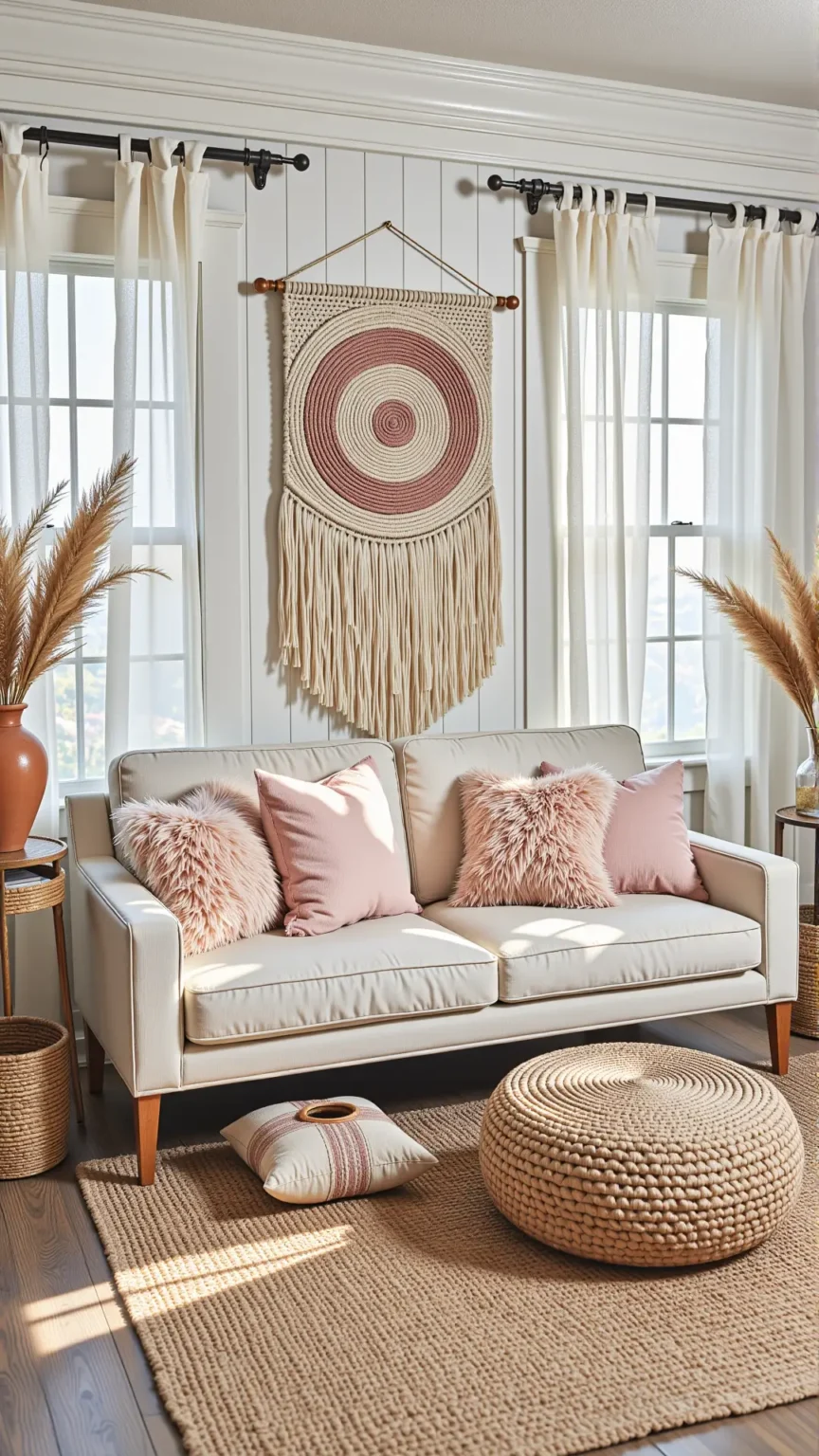 Farmhouse Boho Living Room with a Statement Woven Wall Hanging