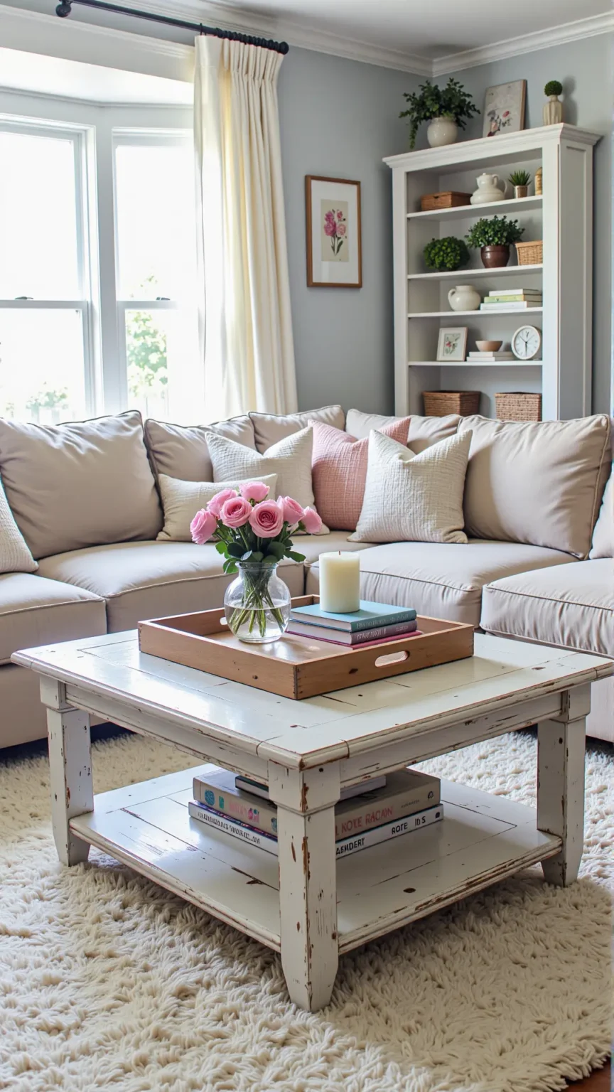 Farmhouse Boho Living Room Featuring a Feminine Coffee Table Display