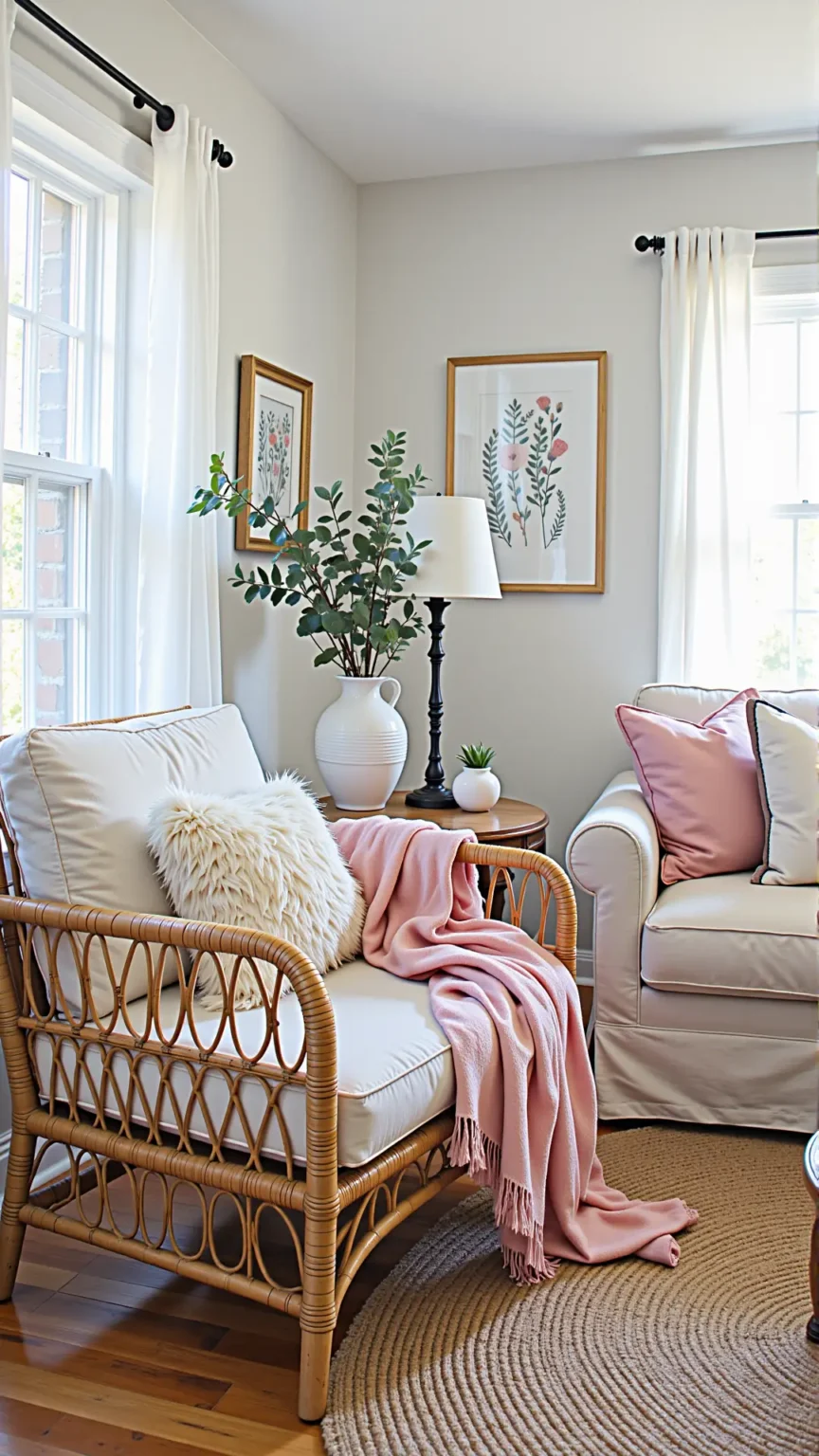 Farmhouse Boho Living Room with Feminine Rattan Furniture Accents