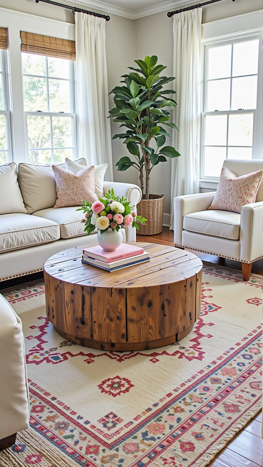 Farmhouse Boho Living Room with Layered Rugs and Feminine Colors