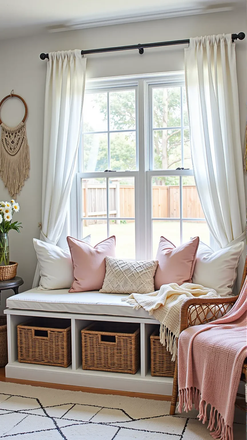 Farmhouse Boho Living Room with a Feminine Window Seat