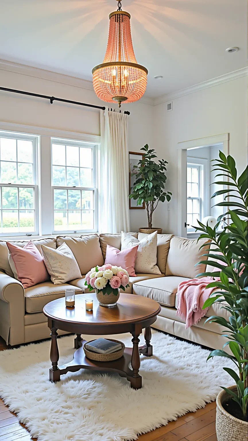 Farmhouse Boho Living Room with Feminine Lighting Features