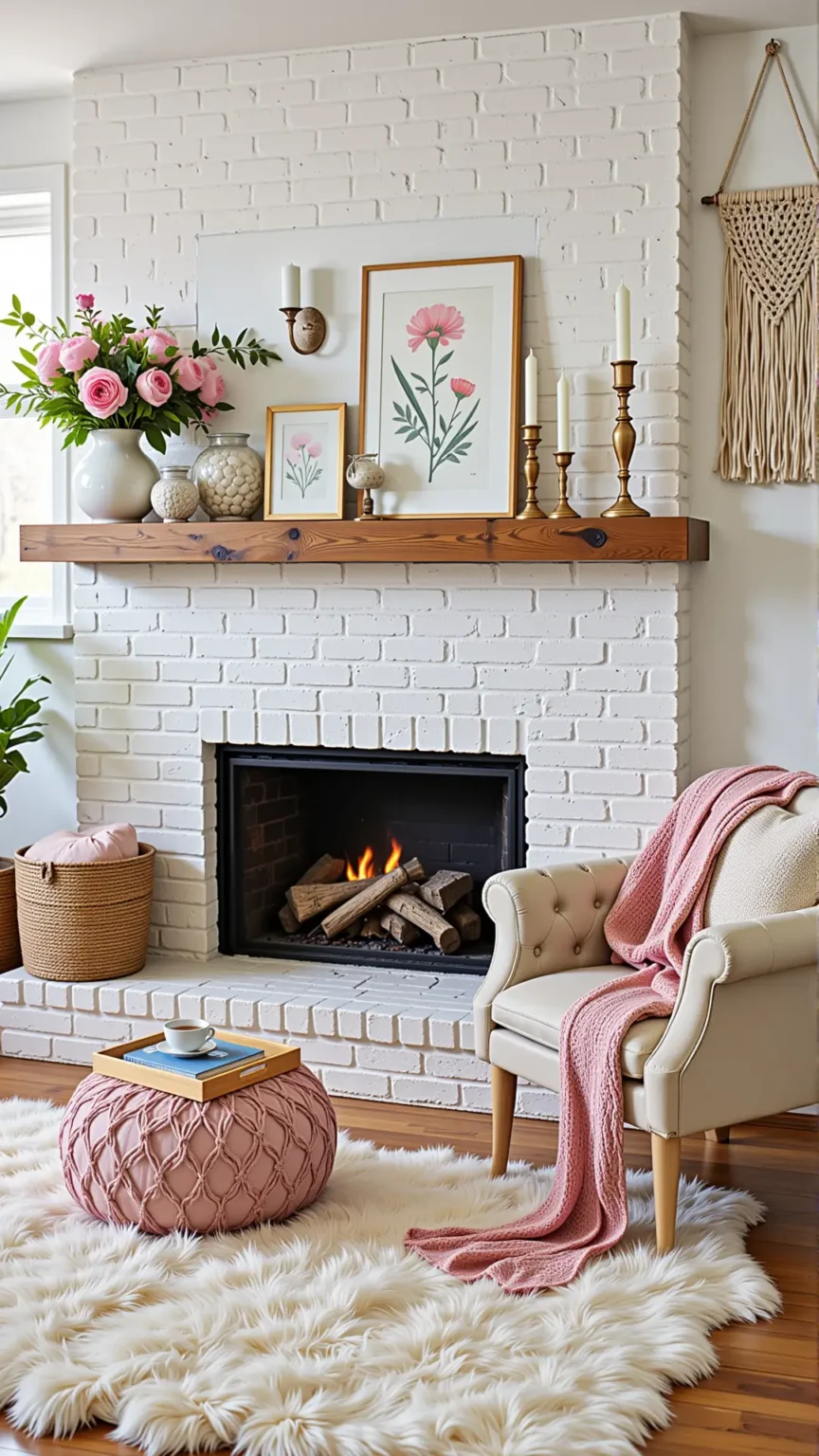 Farmhouse Boho Living Room with a Feminine Fireplace Setup