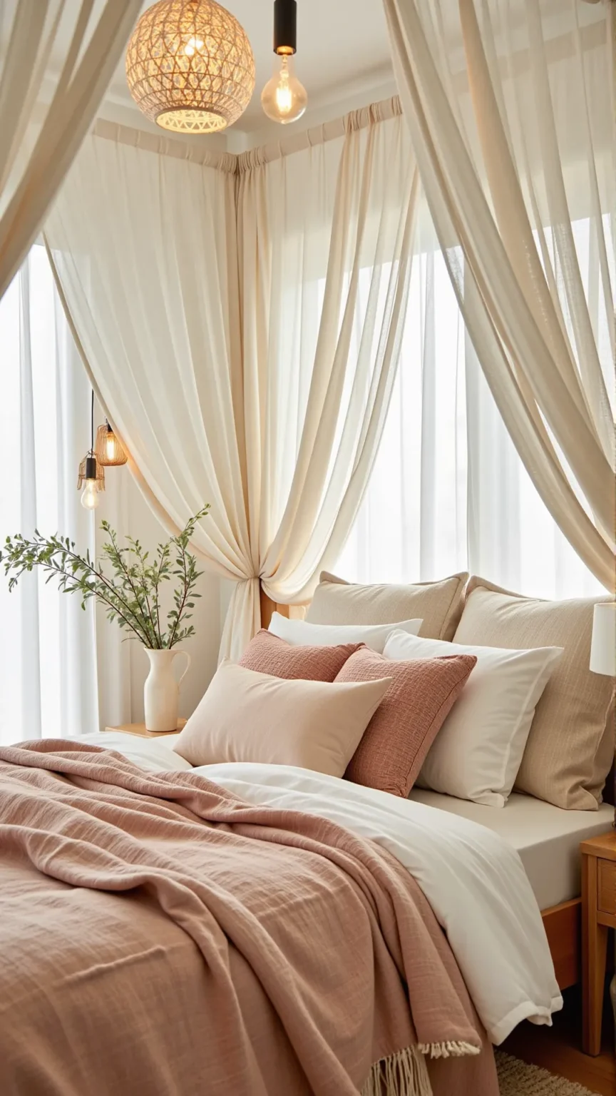 Soft Linen Canopy Bed with Earthy Neutrals