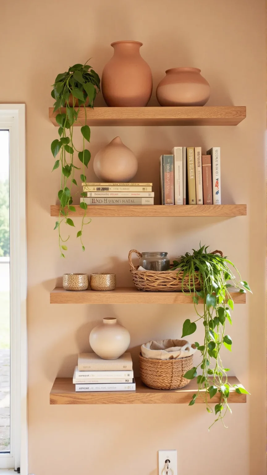 Wooden Open Shelving with Earthy Decor Pieces