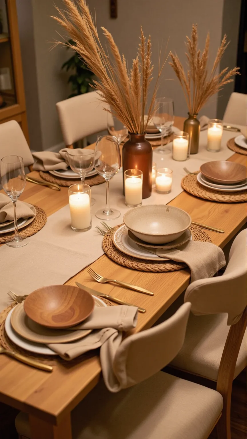 Natural Wood Dining Table with Earthy Table Settings