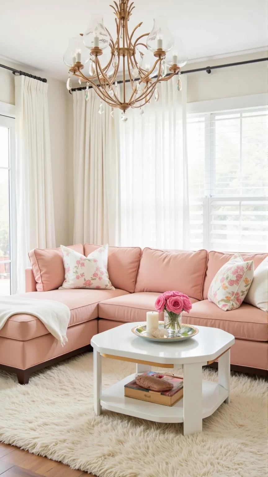 Pastel Peach and White Living Room with Feminine Furniture