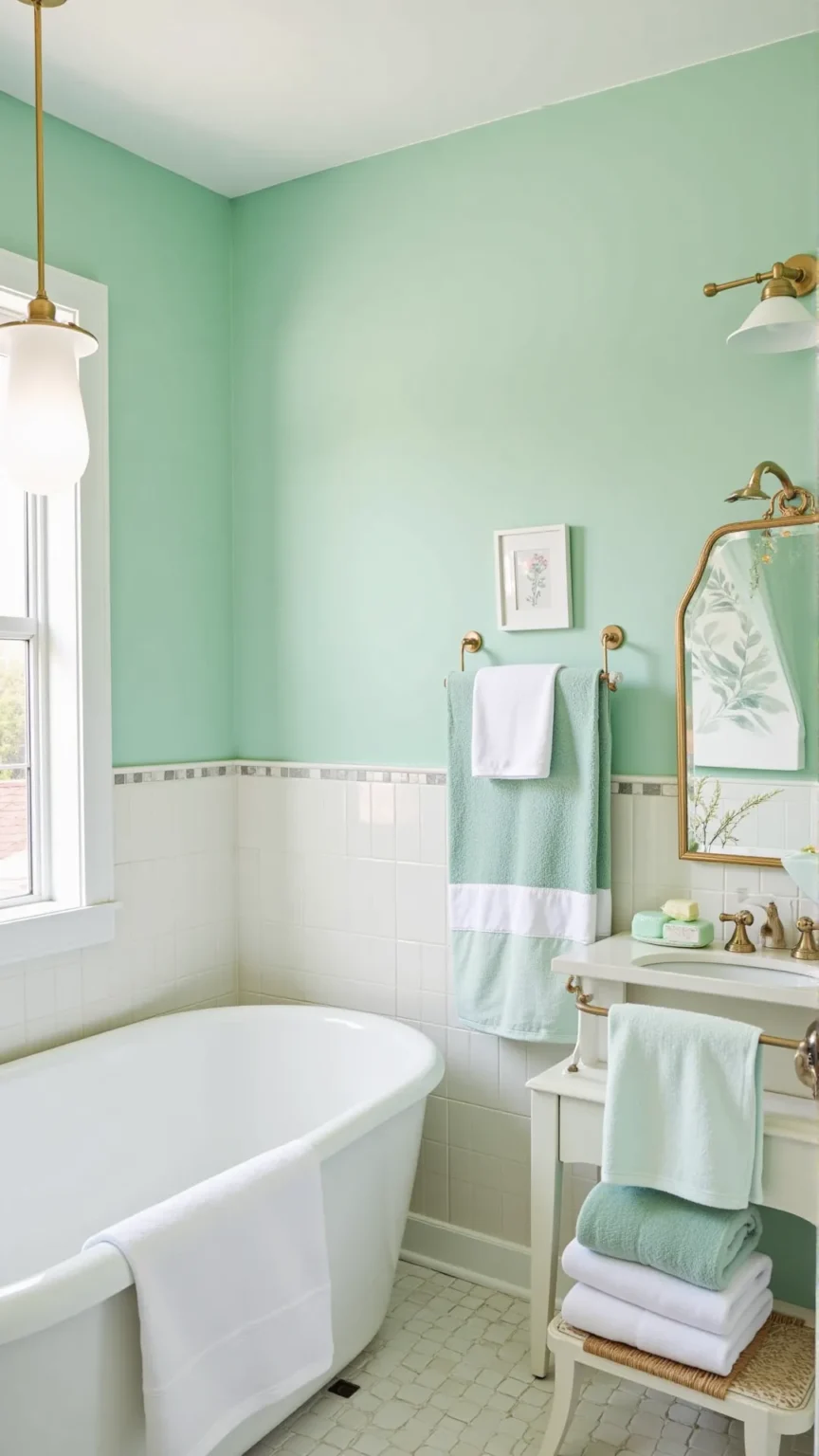 Soft Mint and White Bathroom with Feminine Accents