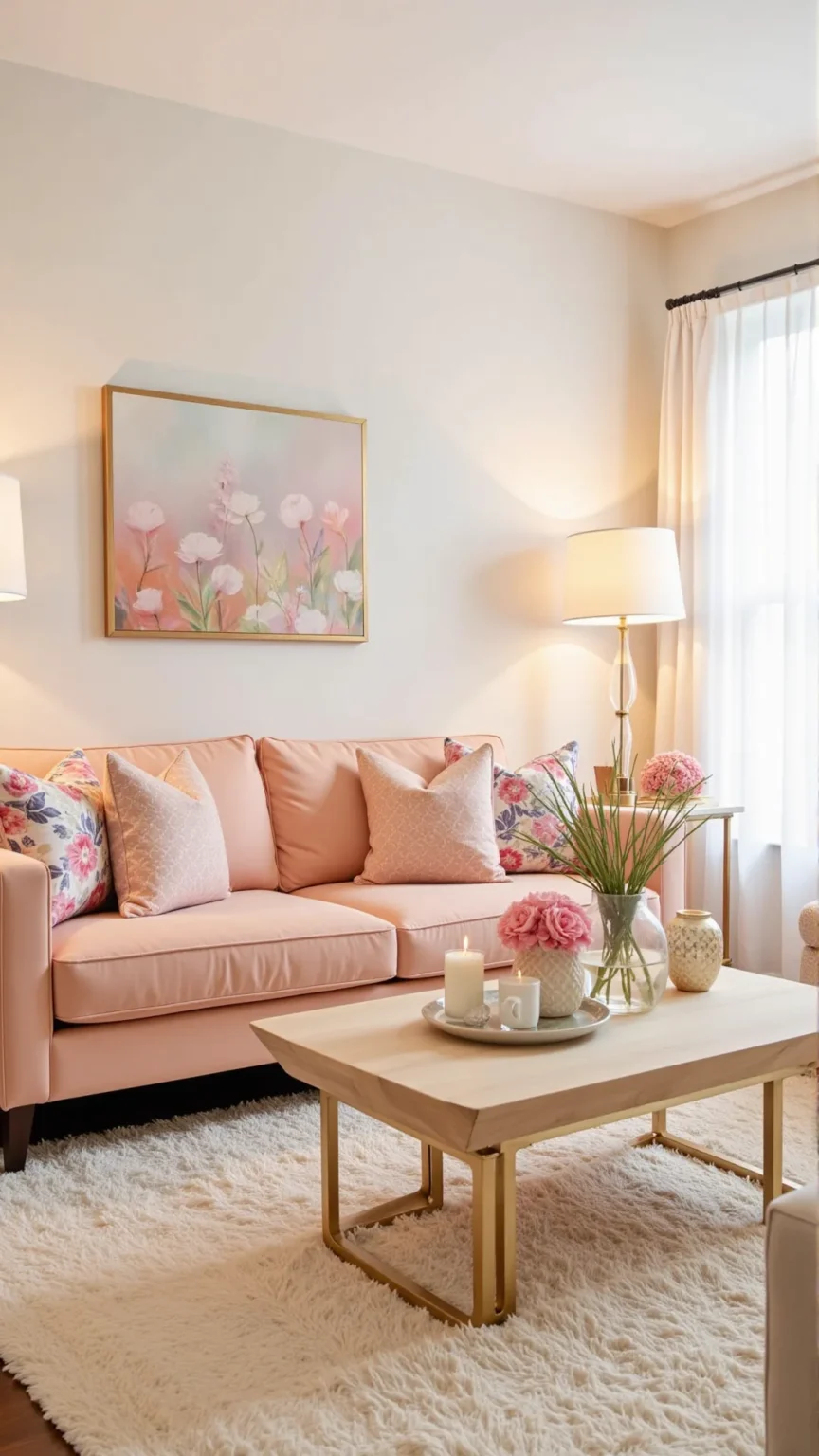 Soft Peach Living Room with Feminine Artwork