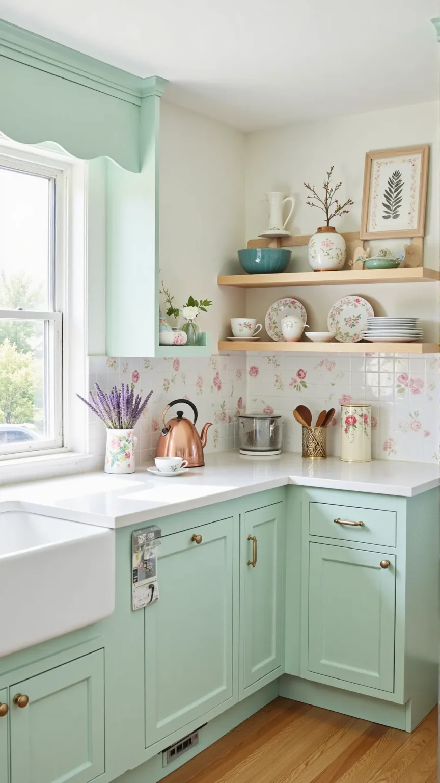 Mint Green Kitchen with Floral Touches