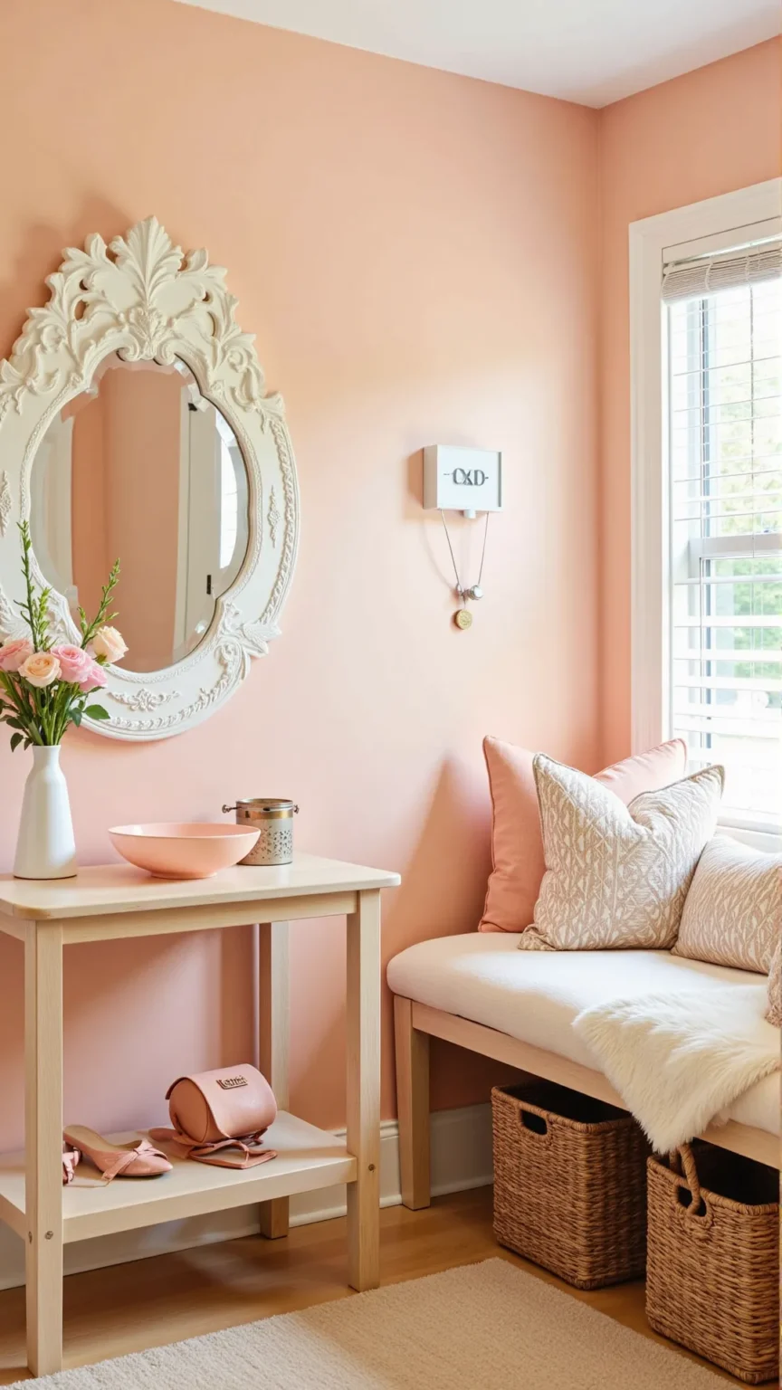 Peachy Pink Entryway with Elegant Storage Solutions