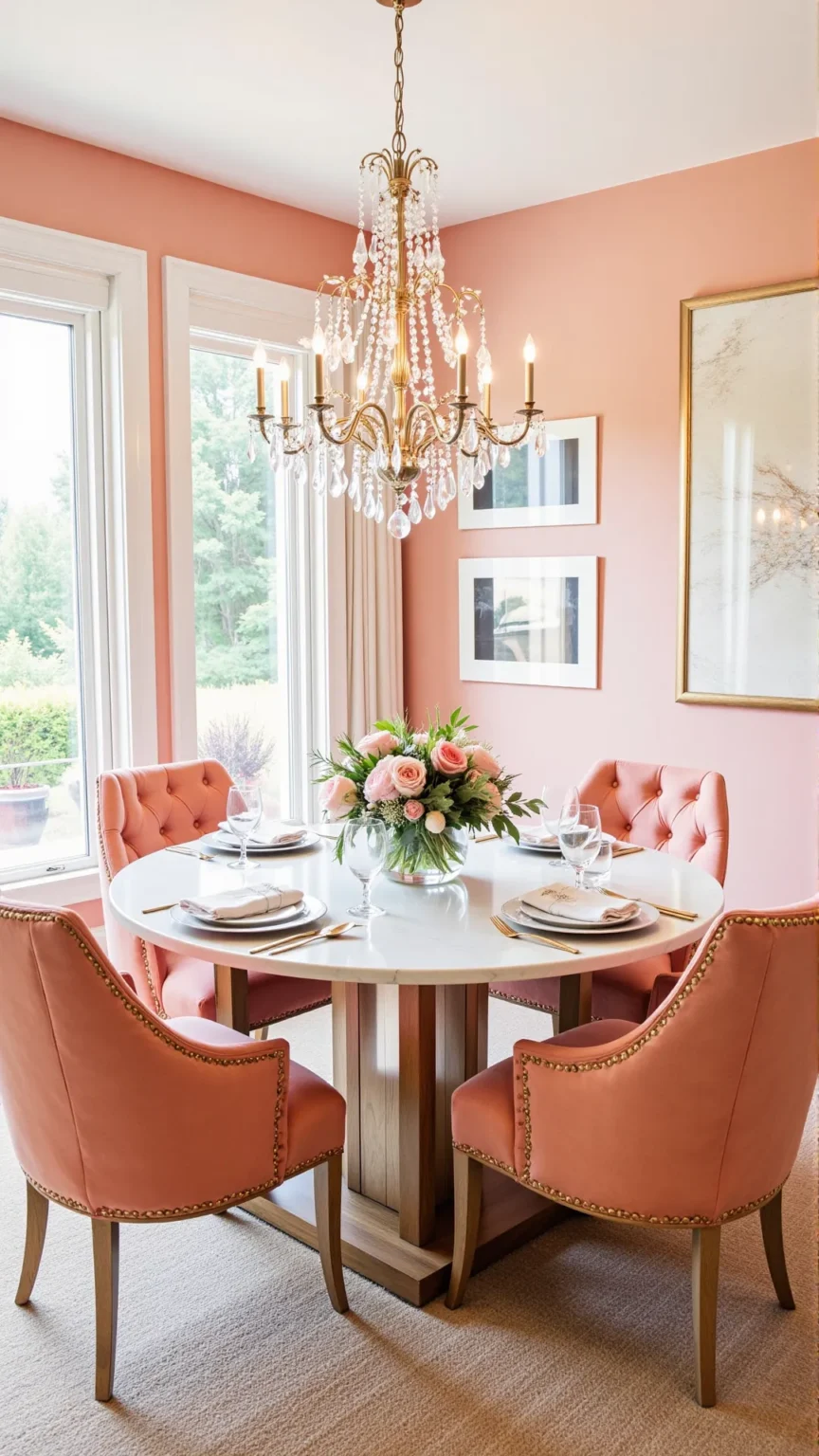 Soft Coral Dining Room with Gold Accents