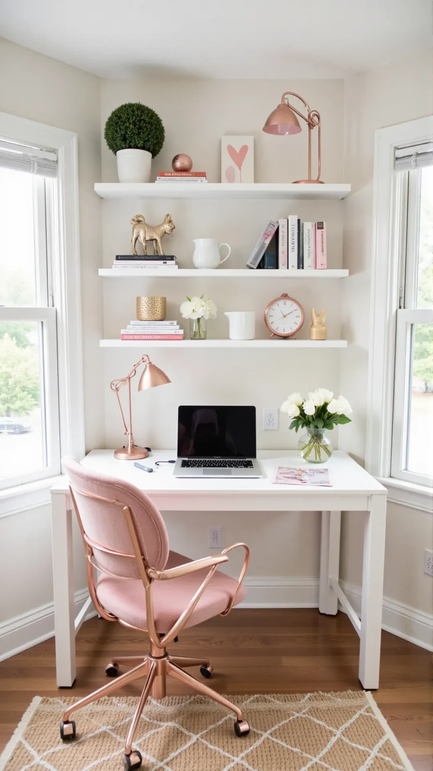 Feminine Home Office with Rose Gold and White Accents